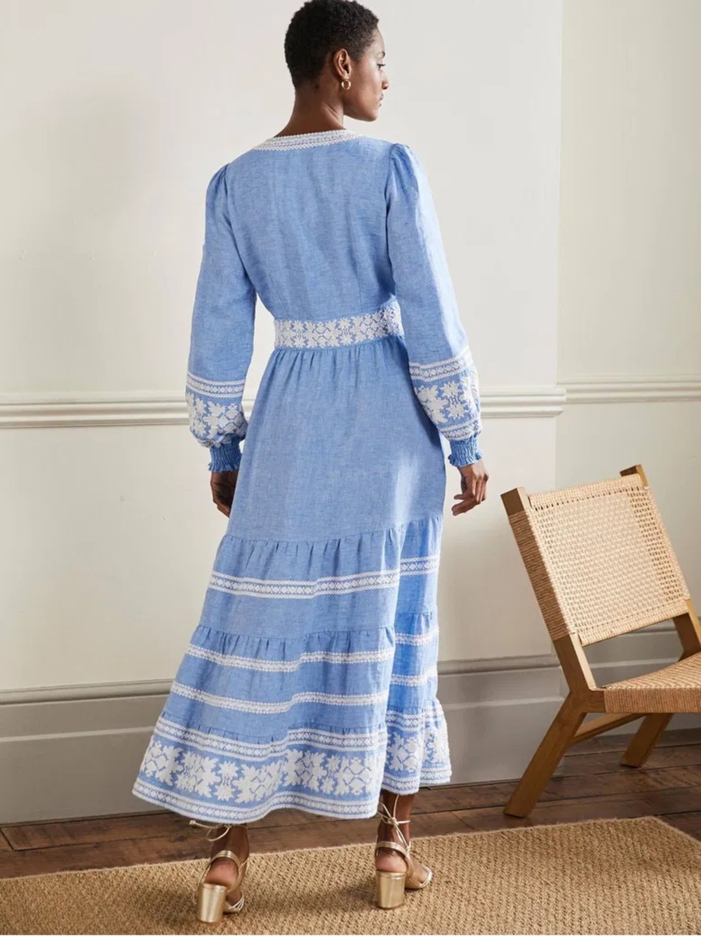 Boden Blue Linen Embroidered V-Neck Midi Dress - Picture 2 of 10